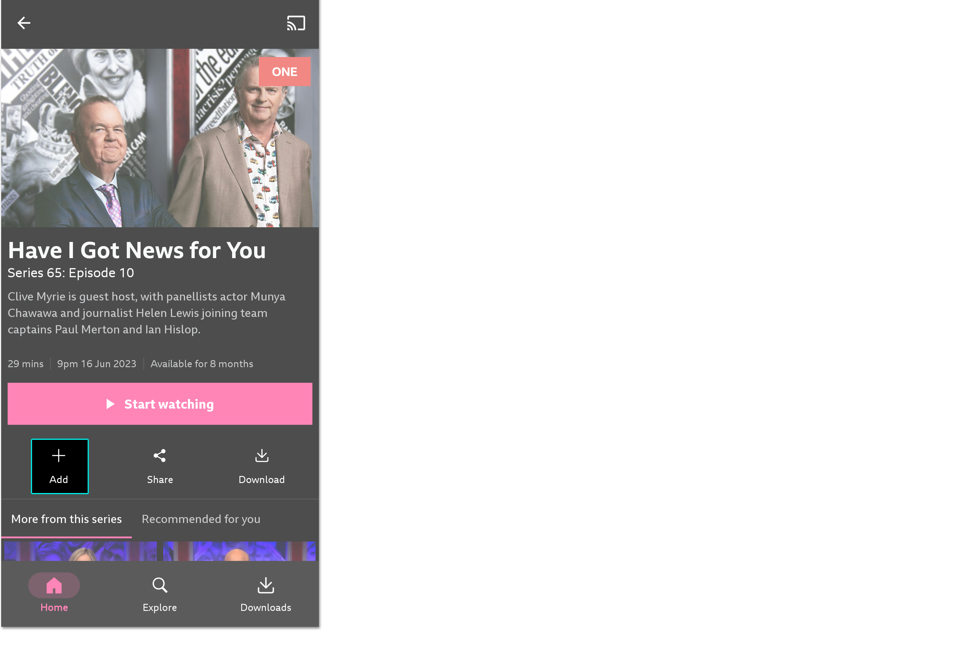 Image of an episode page in the BBC iPlayer mobile app. The 'Add' button is highlighted