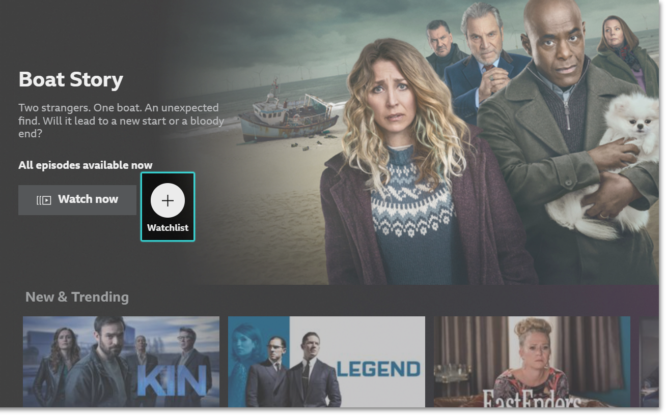 Image from the iPlayer TV app homepage. The top programme has the 'Watchlist' button highlighted