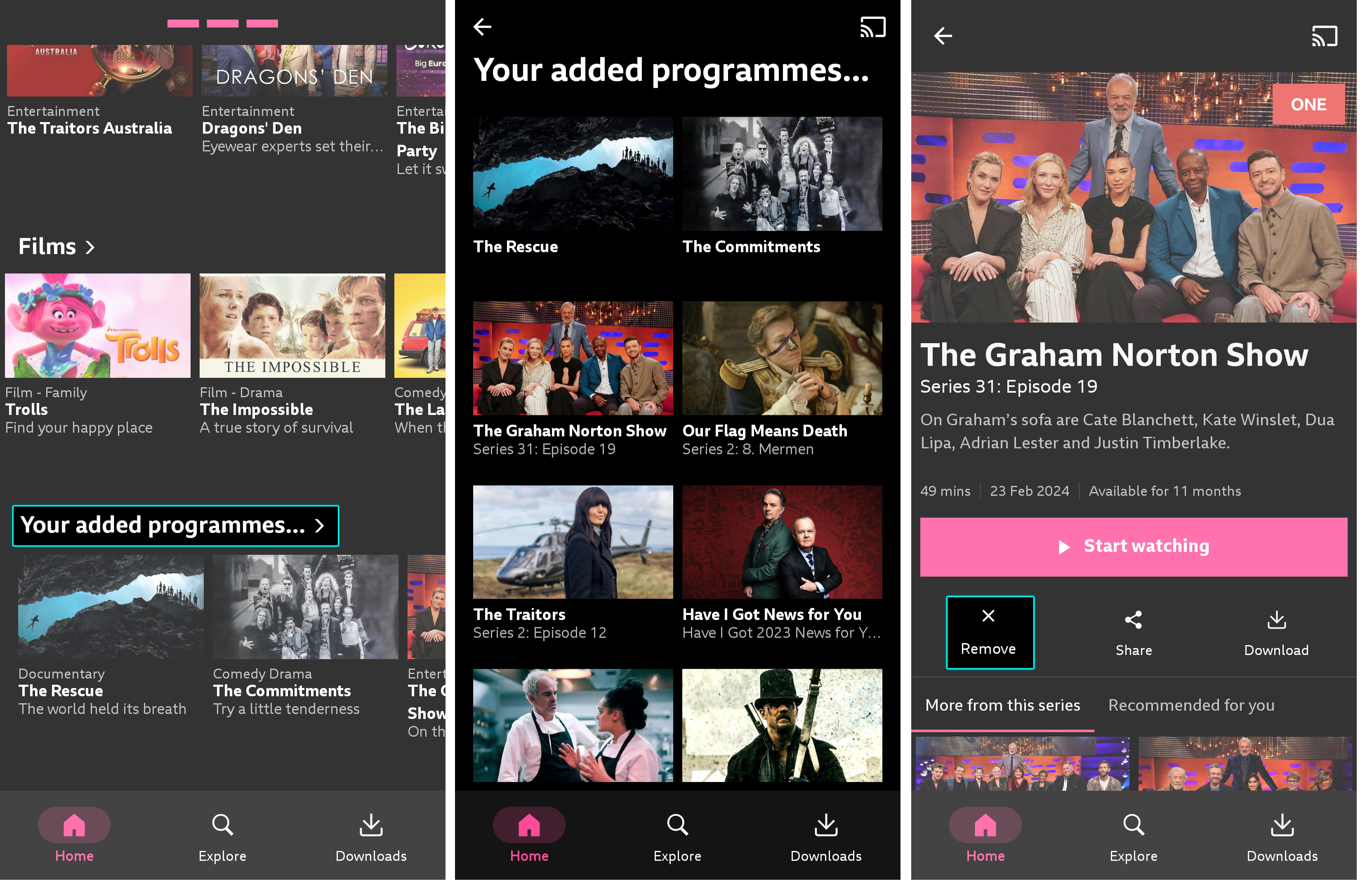 Three screenshots from the iPlayer mobile app. The first is from the bottom of the homepage, with 'Your added programmes' highlighted. The second shows the Watchlist and the third highlights the 'Remove' button on an episode page