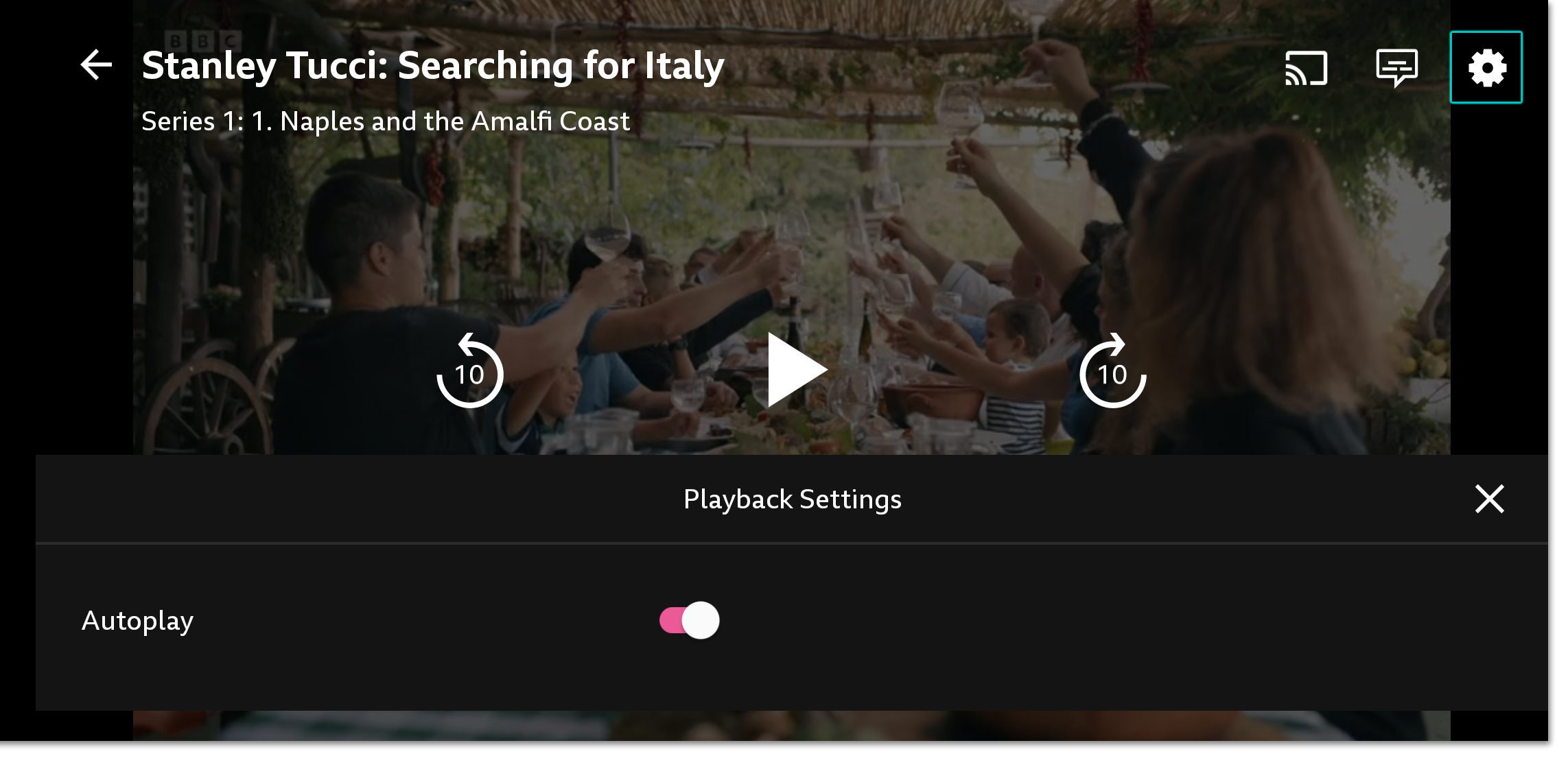 Screenshot of the playback screen on the iPlayer mobile/tablet app. The Settings icon is highlighted and the autoplay toggle is open
