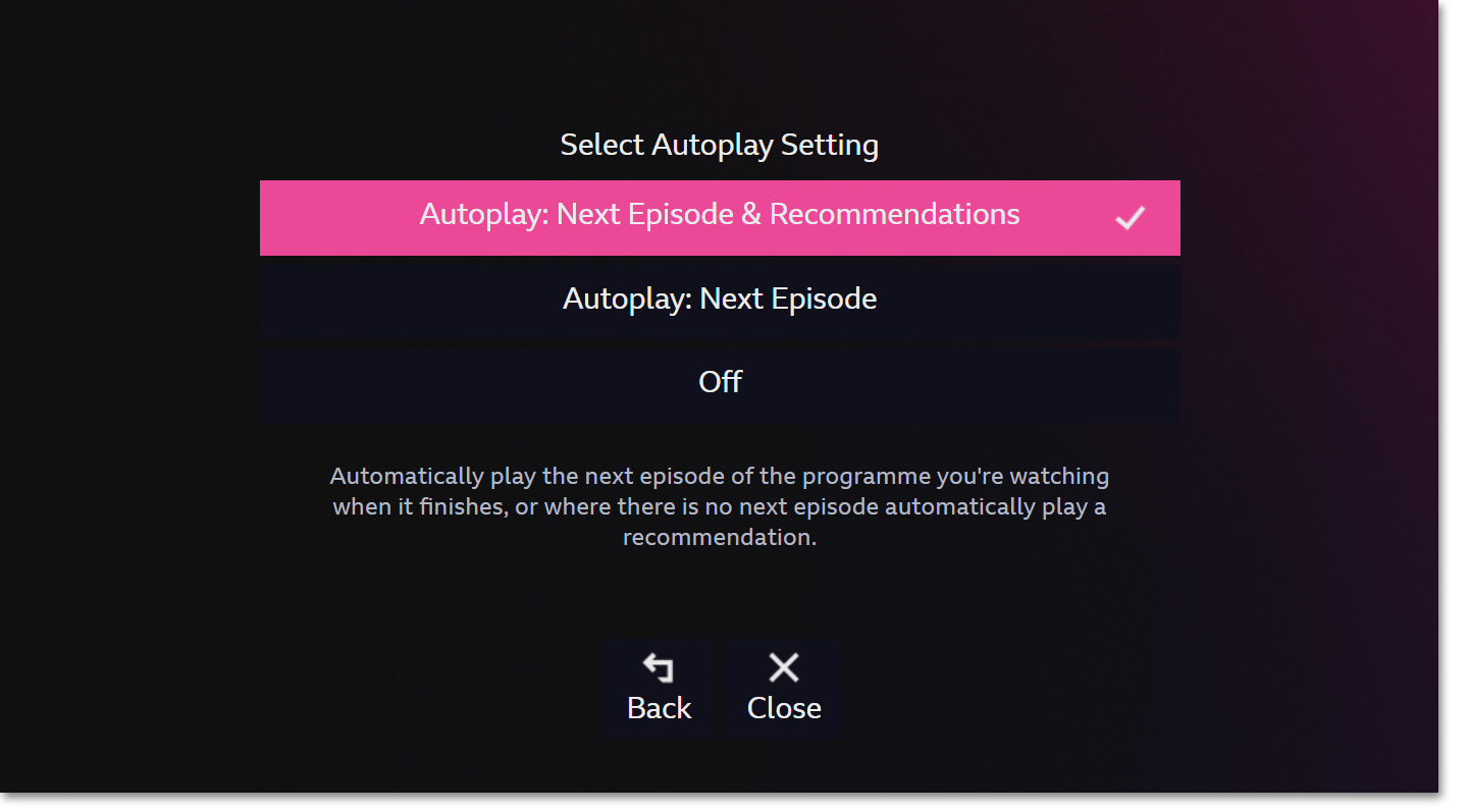 Screenshot of the autoplay menu options on the iPlayer TV app