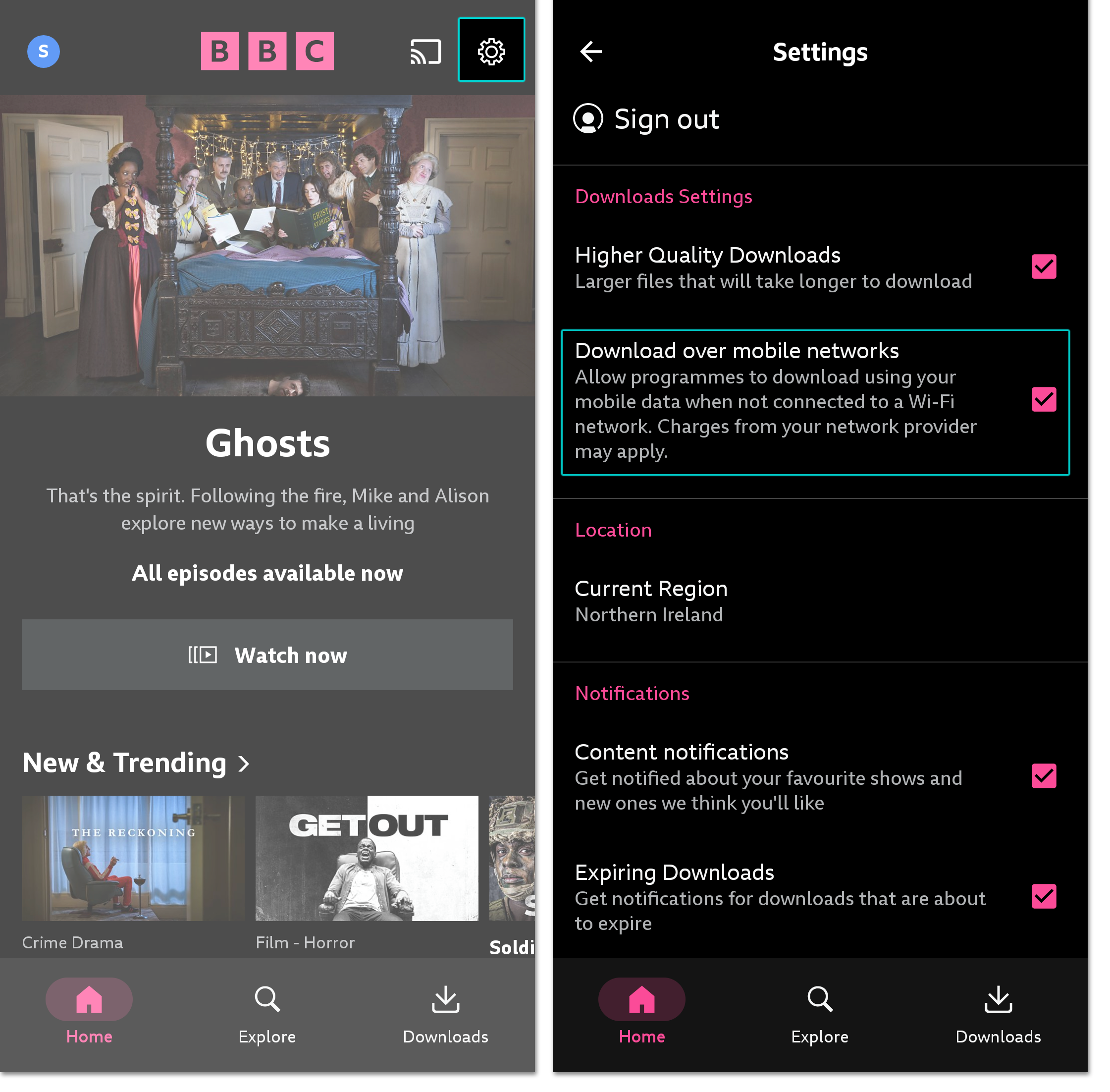 Two screenshots of the BBC iPlayer mobile app. The first is of the homepage with the Settings cog highlighted on the top right. The second is of the Settings menu with the mobile data option highlighted