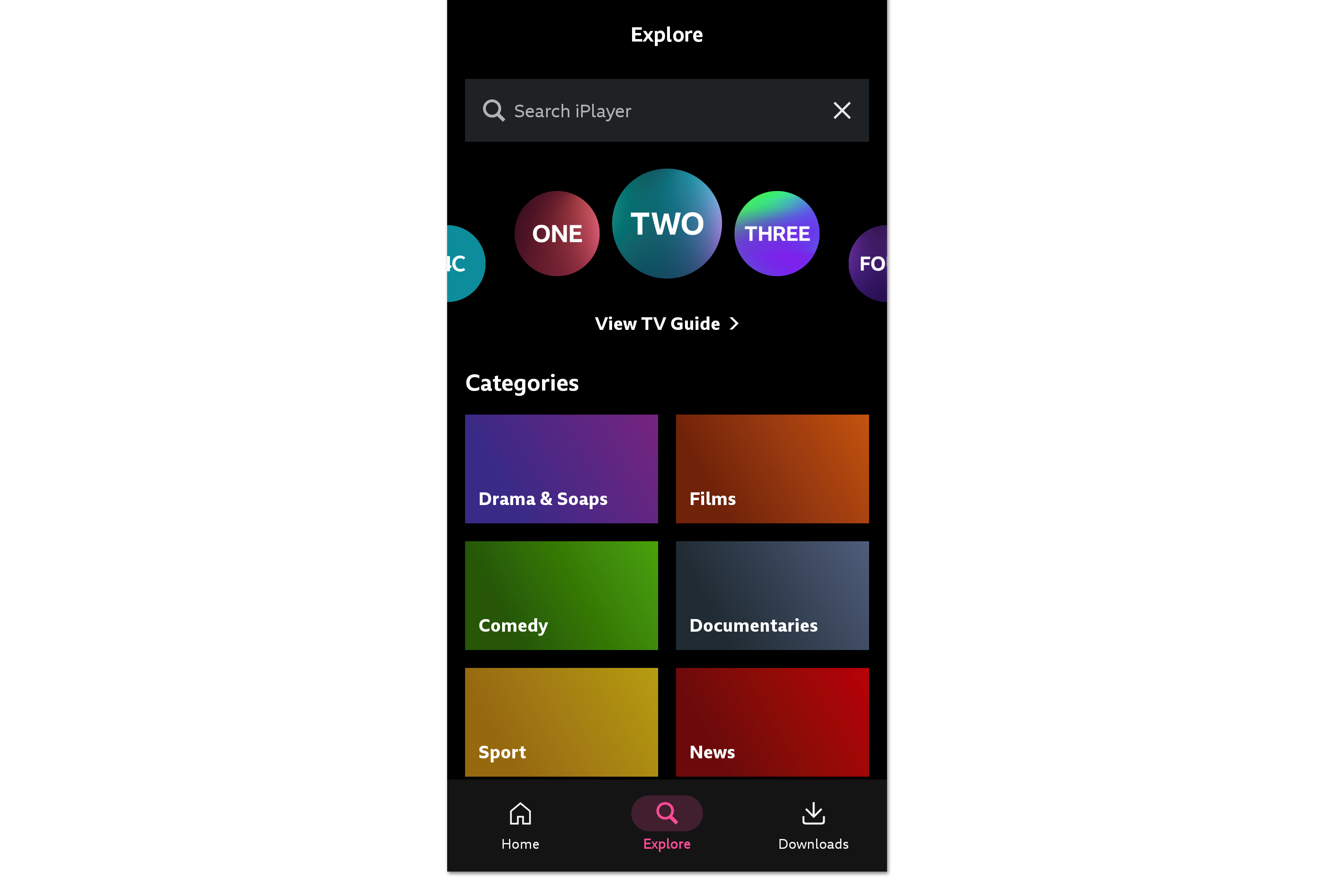 Screenshot of the 'Explore' menu on the iPlayer mobile/tablet app