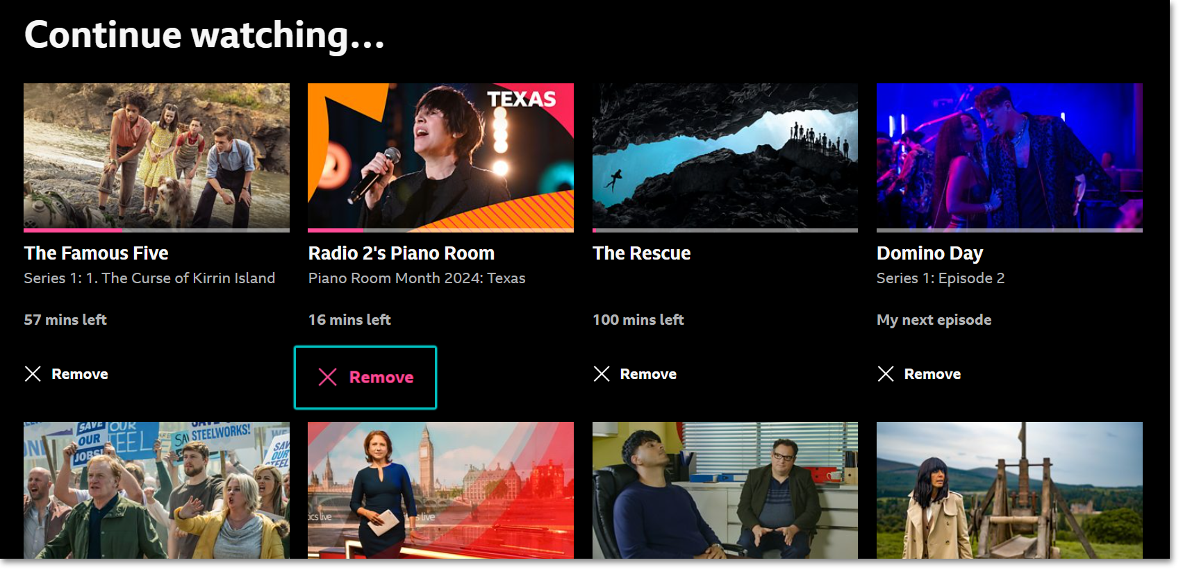 Image of the Continue Watching page on the iPlayer website. The 'Remove' button underneath one programme is showing in pink and highlighted