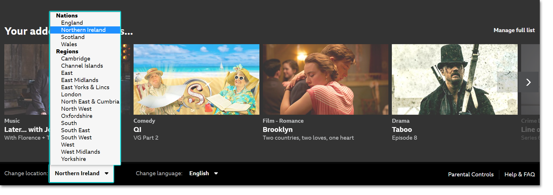 Image of the 'change location' menu at the bottom of the BBC iPlayer homepage on the website