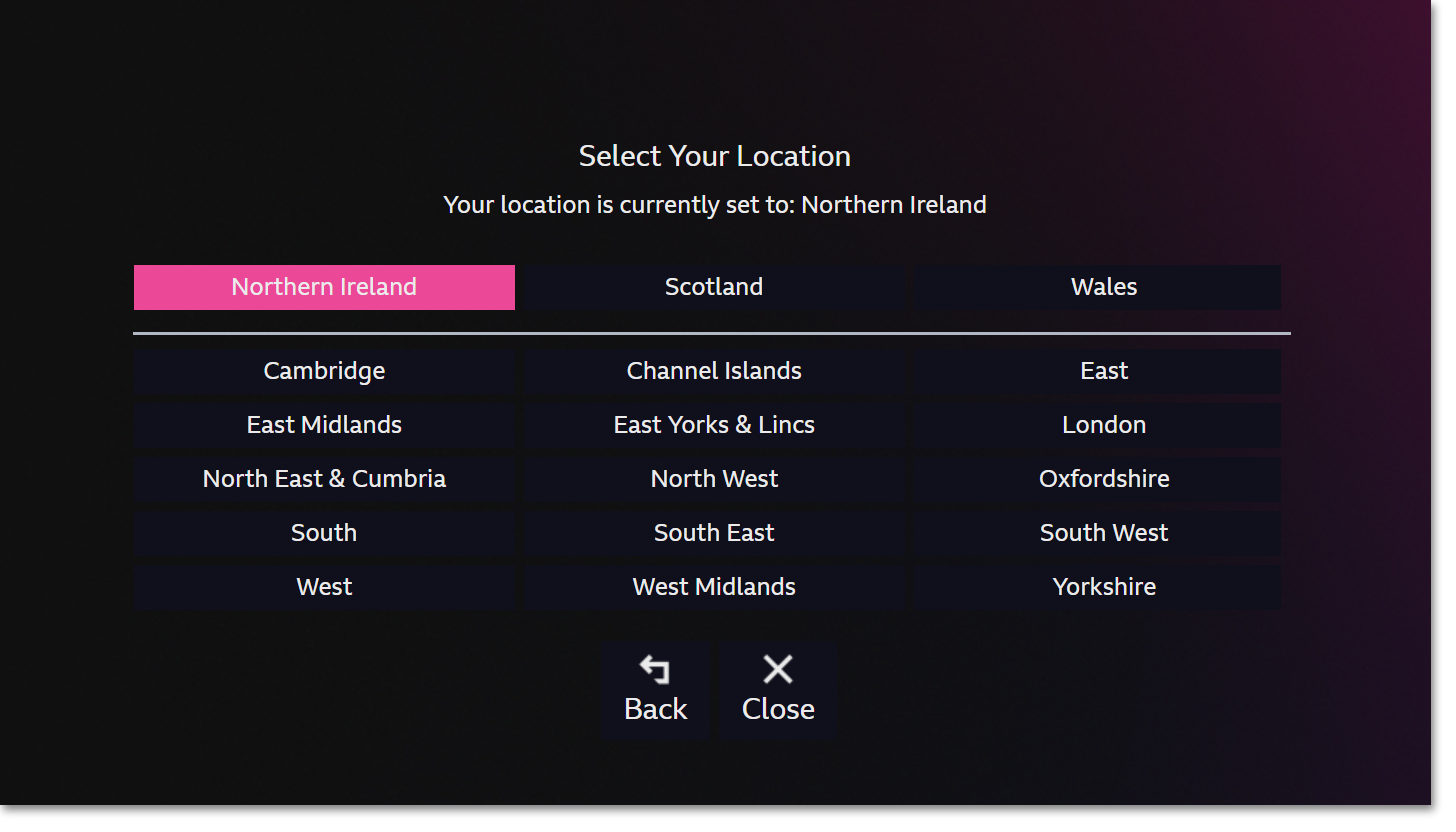 Image of the location options on the iPlayer TV app