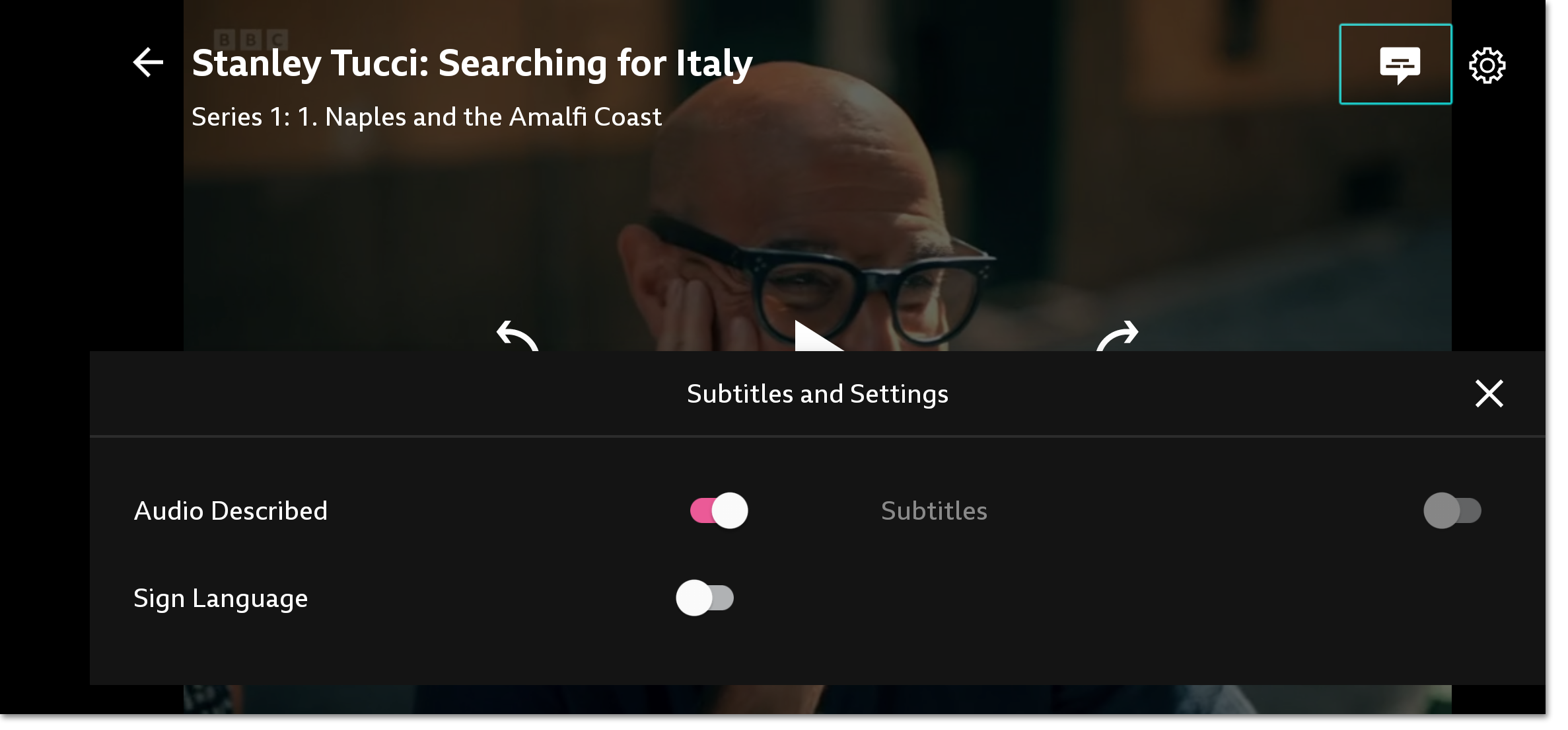 Image showing the accessibility options on the playback screen of the mobile/tablet app. The accessibility icon is highlighted and the audio description toggle is on