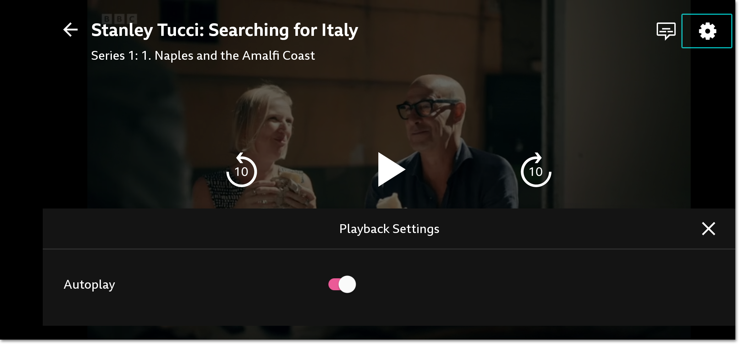 Screenshot of the Settings menu on the playback screen of the mobile/tablet app. The settings icon is highlighted and autoplay is shown as being switched on