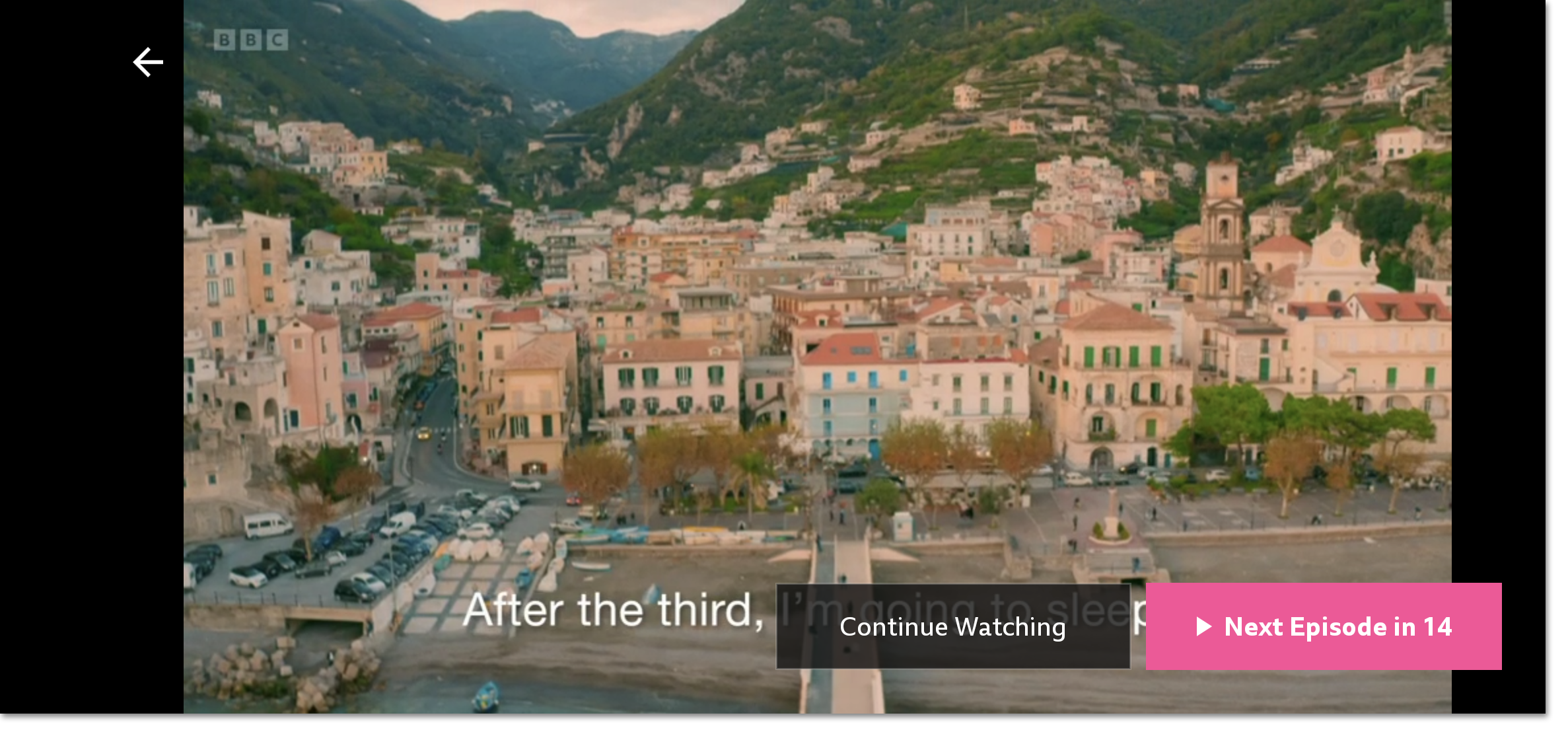 Screenshot of the playback screen on the mobile/tablet app as the programme is ending. The autoplay countdown is in pink and the 'Continue' button can be seen next to it