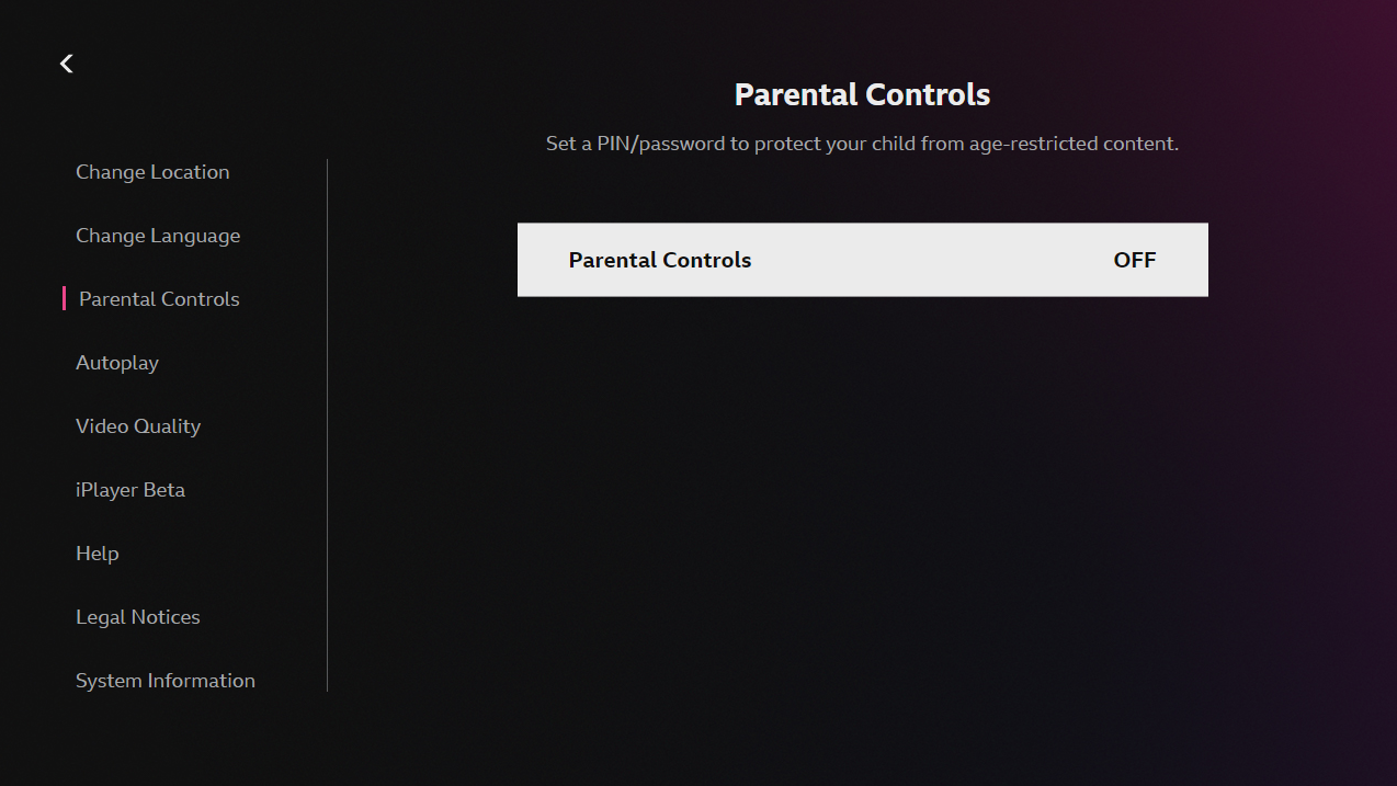 Image of the Parental Controls menu on the BBC iPlayer TV app. The Parental Controls button is highlighted