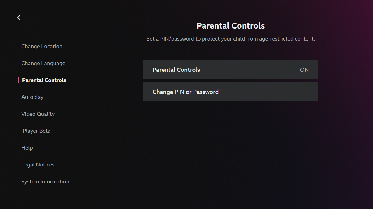 Image of the TV app Parental Controls page showing that parental controls are currently on