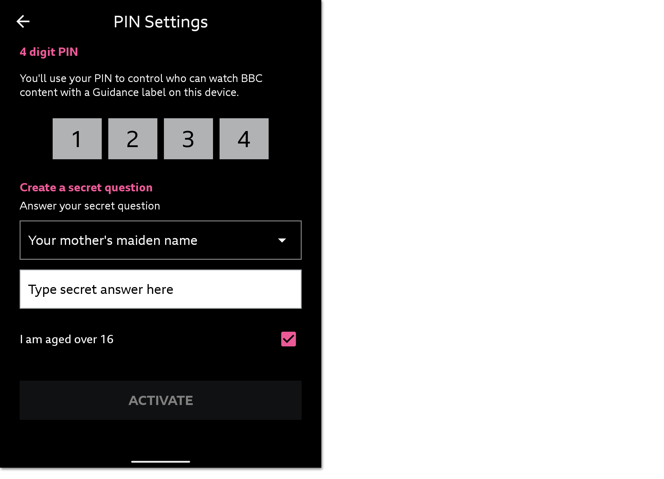 Image of the parental guidance settings on the mobile/tablet app. A PIN is being chosen