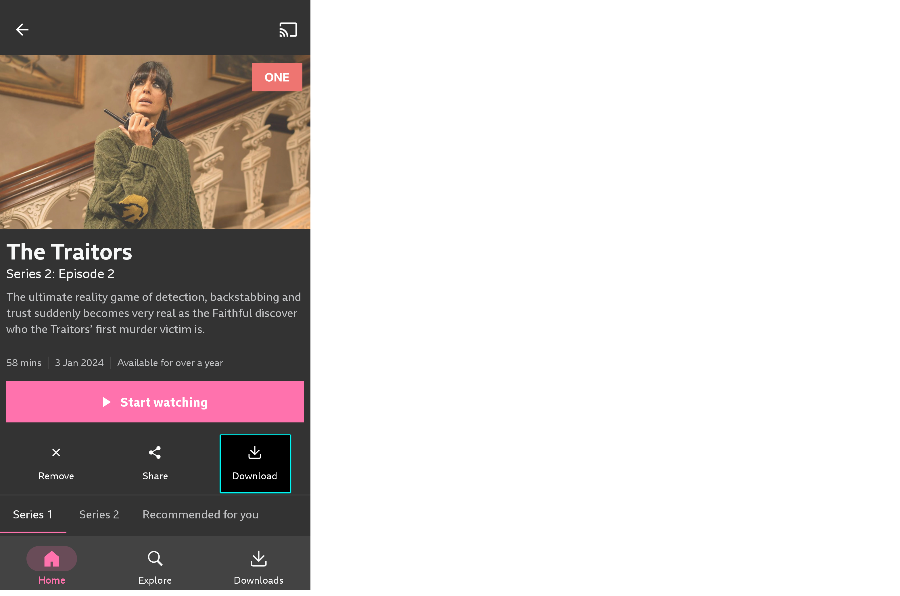 Image of an episode of The Traitors on the mobile app with the 'Download' option highlighted underneath