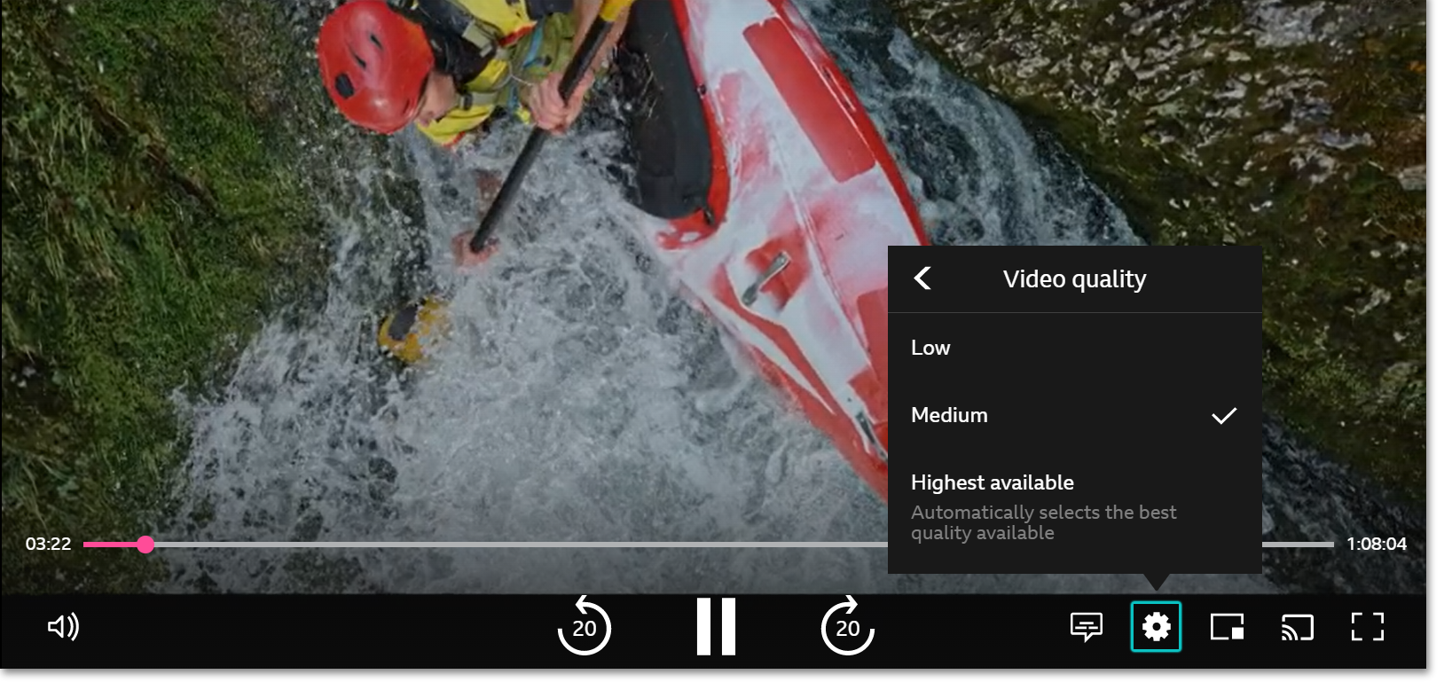 Screenshot of the playback screen on the website with the Settings icon highlighted and the video quality menu open. Medium is selected