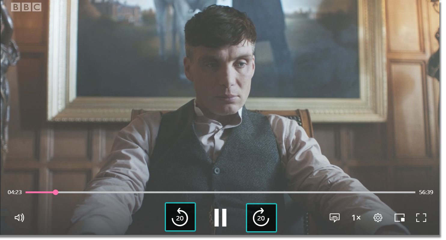 Image showing the playback screen on the iPlayer website. The rewind and fast-wards 20 second icons on either side of the play button are highlighted