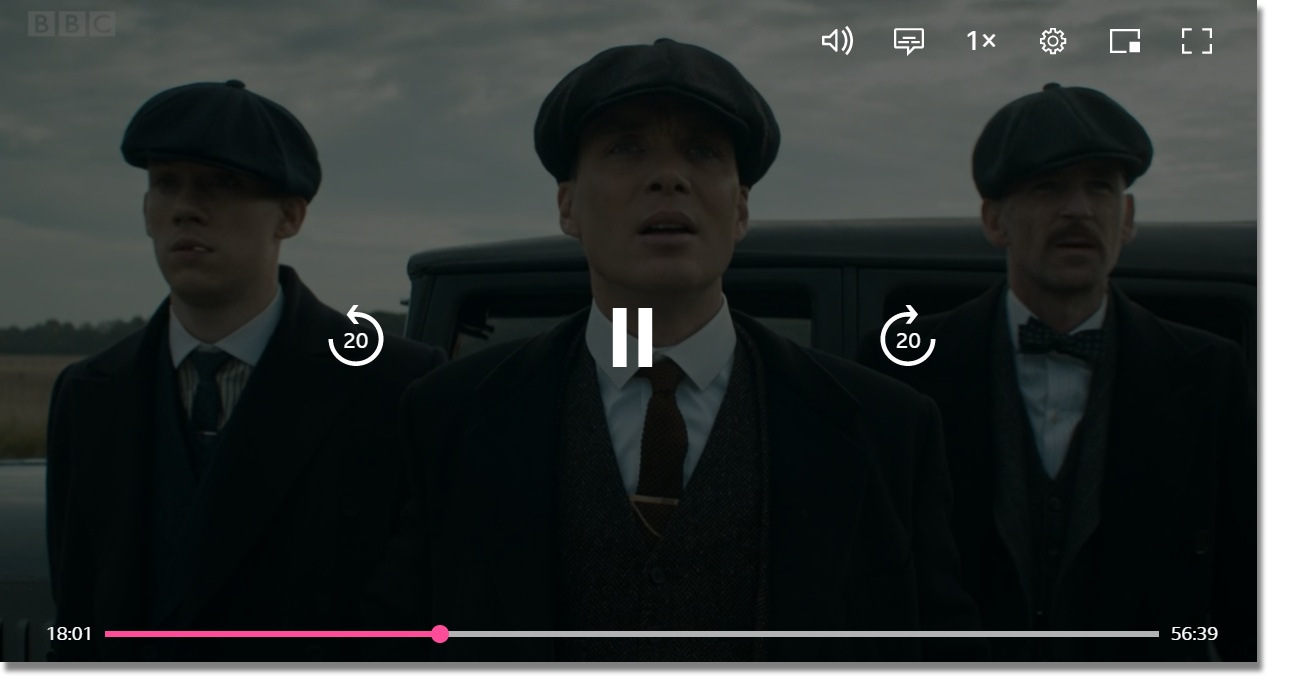 Image showing the playback screen on a smaller monitor or screen. The main playback icons are large and in the middle of the screen, and the other controls are on the top right rather than at the bottom of the screen.